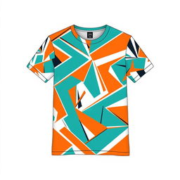 A trendy and stylish T-shirt design featuring a modern geometric pattern, combining vibrant colors like teal, orange, and white