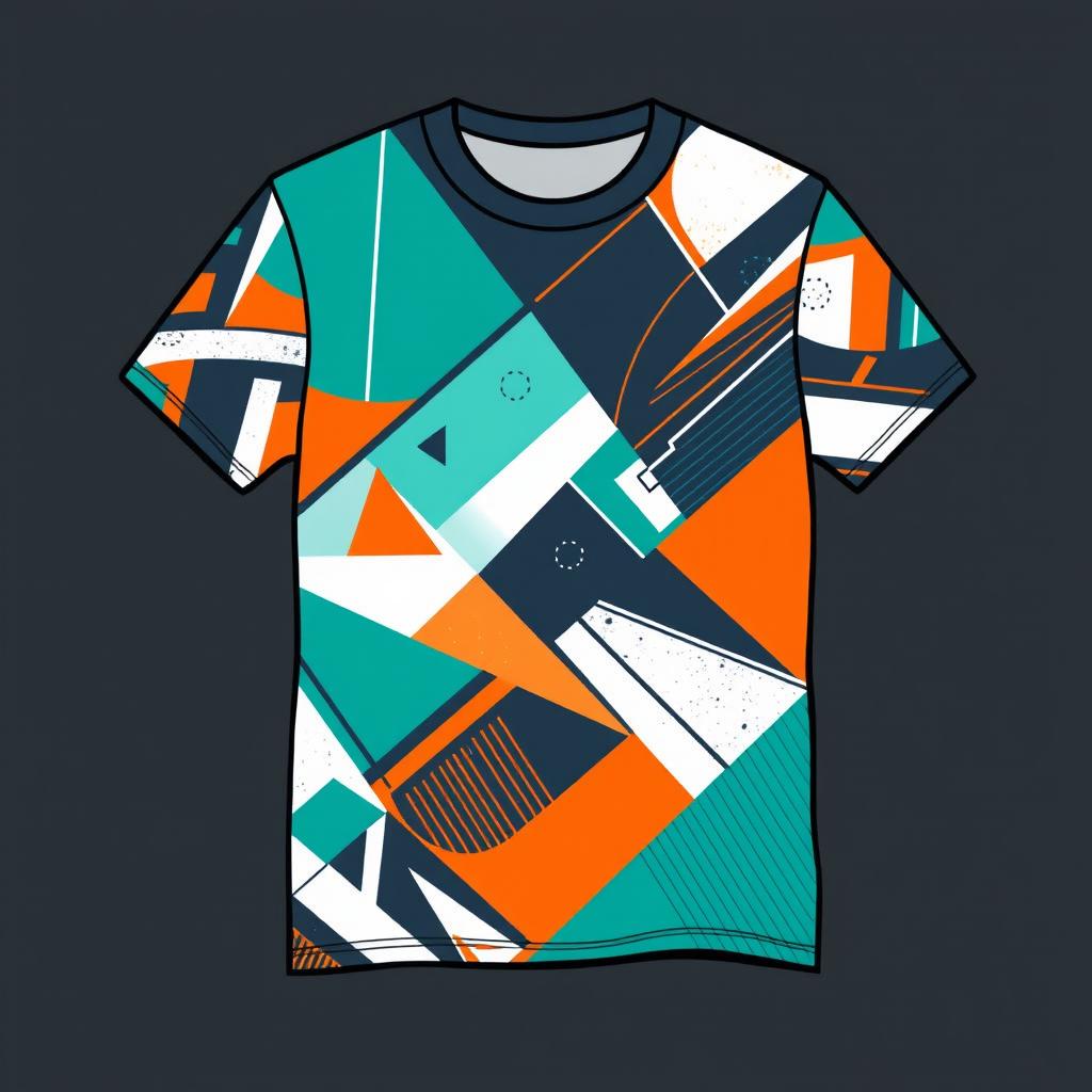 A trendy and stylish T-shirt design featuring a modern geometric pattern, combining vibrant colors like teal, orange, and white