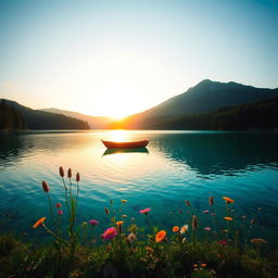 A tranquil, serene landscape featuring a crystal-clear lake surrounded by lush, verdant forests