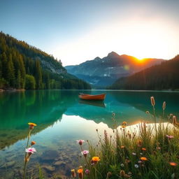 A tranquil, serene landscape featuring a crystal-clear lake surrounded by lush, verdant forests