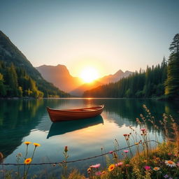 A tranquil, serene landscape featuring a crystal-clear lake surrounded by lush, verdant forests