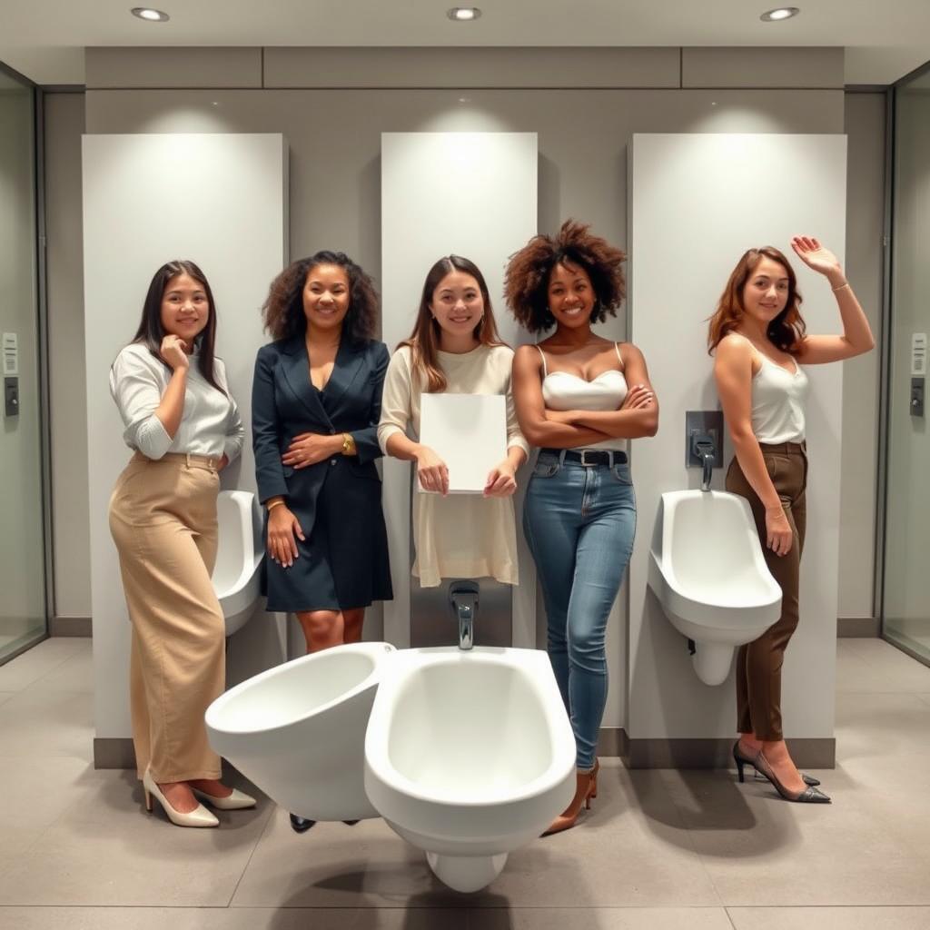 Women confidently using a standing urinal, each showcasing empowerment and individuality in a unique and respectful manner