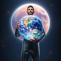 A man holding a planet, standing confidently in a futuristic setting