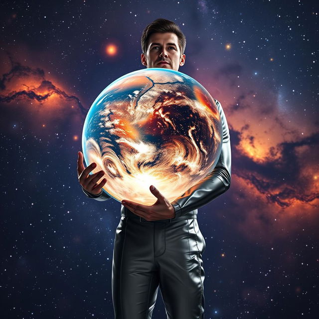 A man holding a planet, standing confidently in a futuristic setting