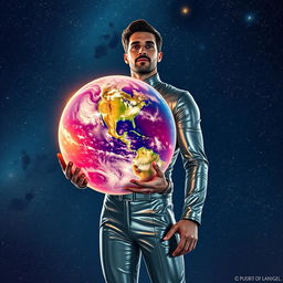 A man holding a planet, standing confidently in a futuristic setting