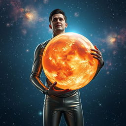 A man holding a planet, standing confidently in a futuristic setting