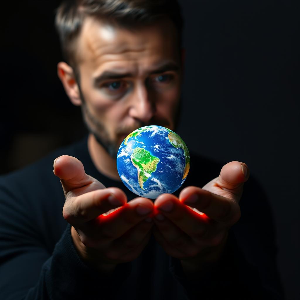 A man holding a small, detailed planet in his hands