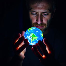 A man holding a small, detailed planet in his hands