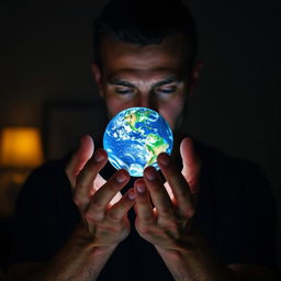 A man holding a small, detailed planet in his hands