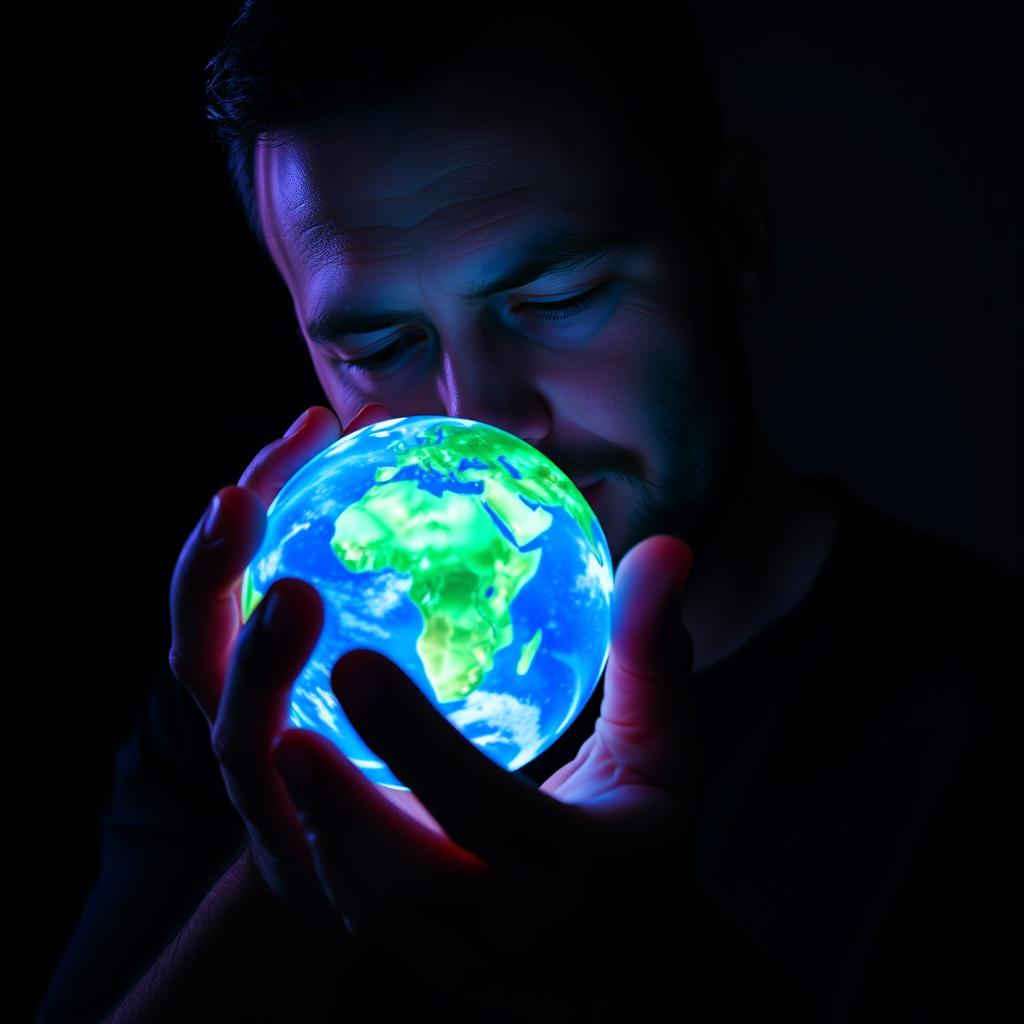 A man holding a small, detailed planet in his hands