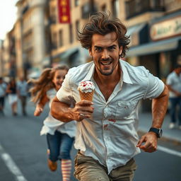 A handsome, distressed, brown-haired man in a white shirt, captured in a high detail, ultra-realistic, fantasy style, sprinting down the street