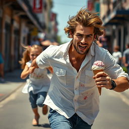 A handsome, distressed, brown-haired man in a white shirt, captured in a high detail, ultra-realistic, fantasy style, sprinting down the street