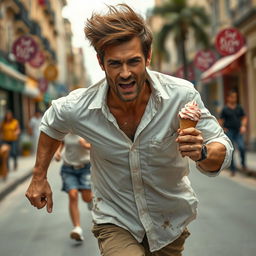 A handsome, distressed, brown-haired man in a white shirt, captured in a high detail, ultra-realistic, fantasy style, sprinting down the street