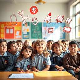 A diverse group of school kids of various ethnicities, sitting in a classroom with dreamy expressions, surrounded by floating symbols of different future professions such as a stethoscope, a paintbrush, a rocket, a computer, and a book