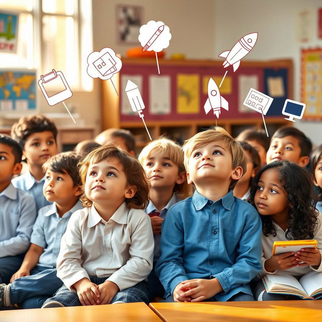 A diverse group of school kids of various ethnicities, sitting in a classroom with dreamy expressions, surrounded by floating symbols of different future professions such as a stethoscope, a paintbrush, a rocket, a computer, and a book