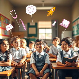 A diverse group of school kids of various ethnicities, sitting in a classroom with dreamy expressions, surrounded by floating symbols of different future professions such as a stethoscope, a paintbrush, a rocket, a computer, and a book