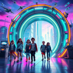 A futuristic scene depicting a group of school kids stepping through a glowing, high-tech portal leading to the future