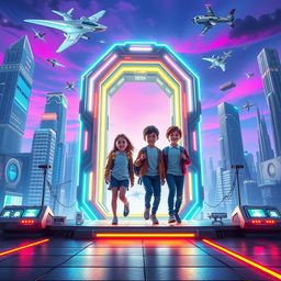 A futuristic scene depicting a group of school kids stepping through a glowing, high-tech portal leading to the future