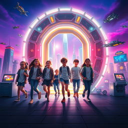 A futuristic scene depicting a group of school kids stepping through a glowing, high-tech portal leading to the future