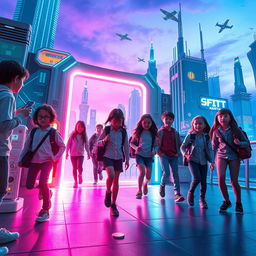 A futuristic scene depicting a group of school kids stepping through a glowing, high-tech portal leading to the future