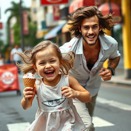 A cute, adorable little girl with an infectious laughter is running down the street, joyfully holding an ice cream cone