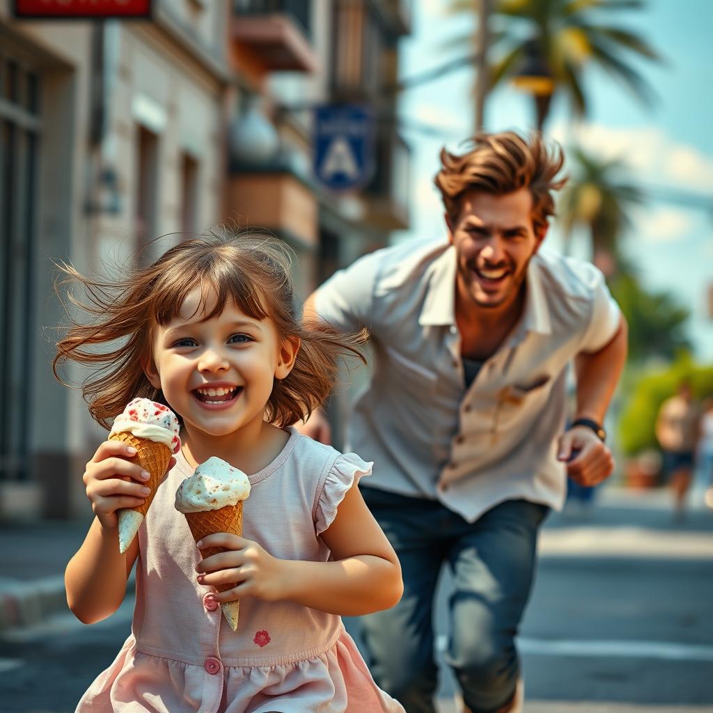 A cute, adorable little girl with an infectious laughter is running down the street, joyfully holding an ice cream cone