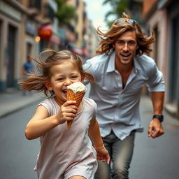 A cute, adorable little girl with an infectious laughter is running down the street, joyfully holding an ice cream cone