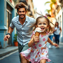 A cute, adorable little girl with an infectious laughter is running down the street, joyfully holding an ice cream cone