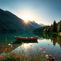 A tranquil, serene landscape featuring a crystal-clear lake surrounded by lush, verdant forests