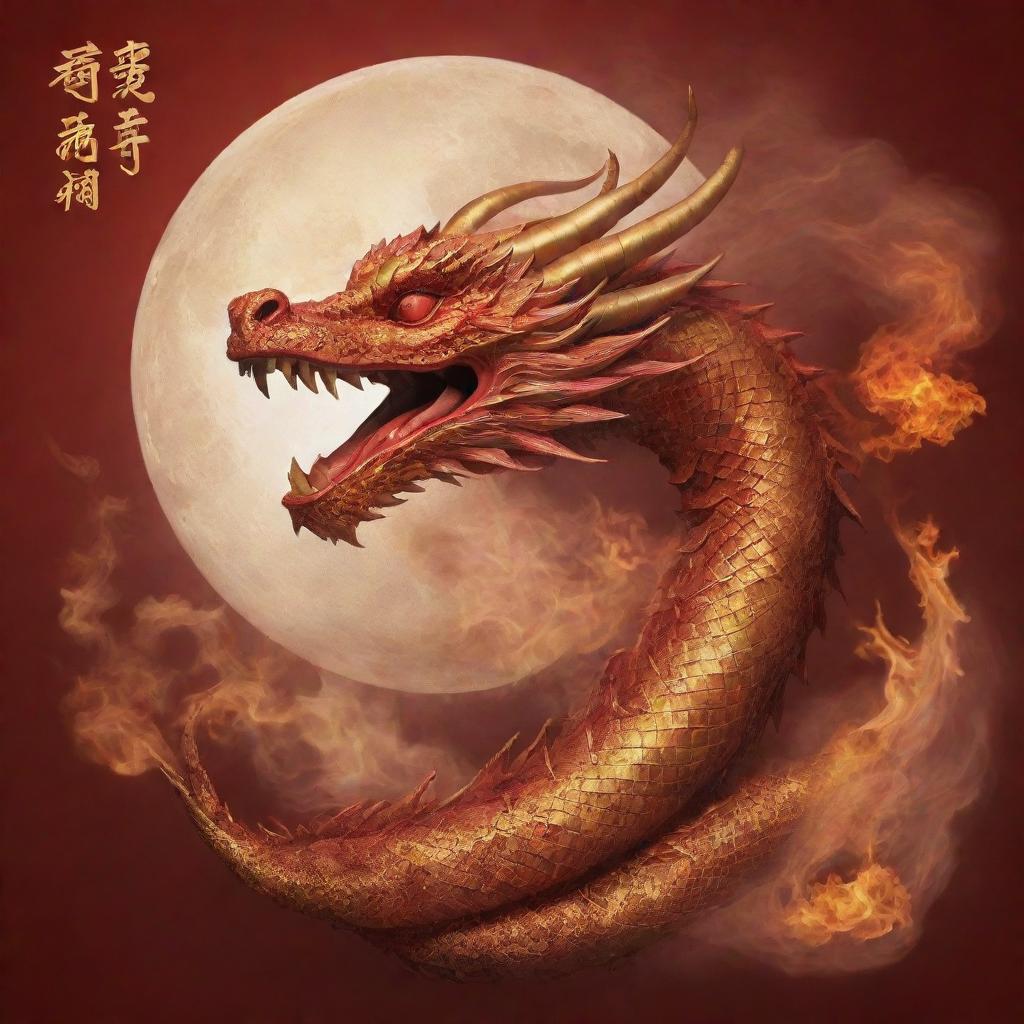 A left-side profile of a dragon exhaling fire that forms the words 'Happy Lunar New Year'. The dragon is intricately designed, combining Eastern Dragon mythology with a touch of festive grandeur.