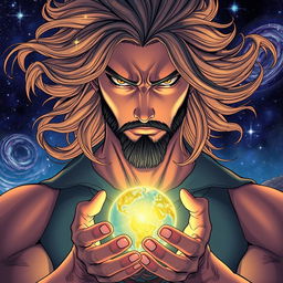 A strong and enigmatic man, with an otherworldly presence, holding a small glowing planet delicately in his hands