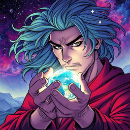 A strong and enigmatic man, with an otherworldly presence, holding a small glowing planet delicately in his hands