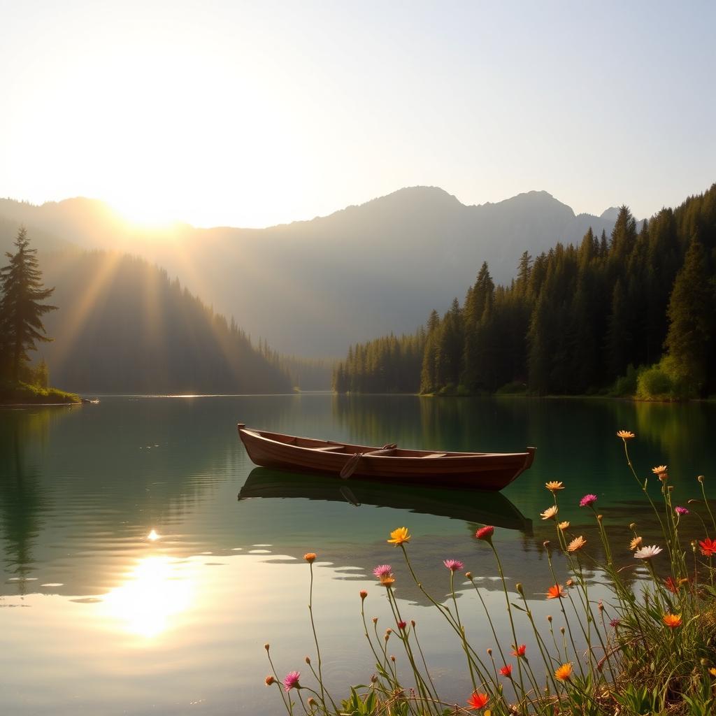 A tranquil, serene landscape featuring a crystal-clear lake surrounded by lush, verdant forests