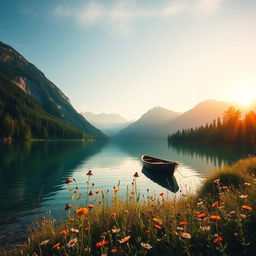 A tranquil, serene landscape featuring a crystal-clear lake surrounded by lush, verdant forests