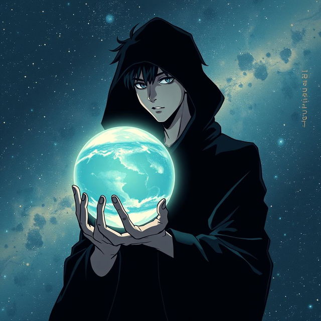 A shadowy figure of a young male holding a planet in a manhwa style