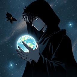 A shadowy figure of a young male holding a planet in a manhwa style