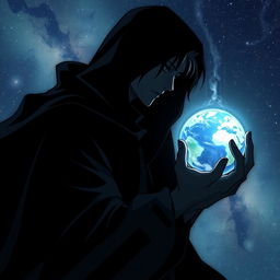 A shadowy figure of a young male holding a planet in a manhwa style