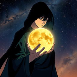 A shadowy figure of a young male holding a planet in a manhwa style