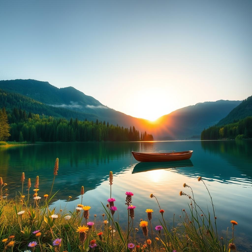 A tranquil, serene landscape featuring a crystal-clear lake surrounded by lush, verdant forests