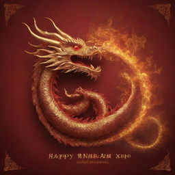 A left-side profile of a dragon exhaling fire that forms the words 'Happy Lunar New Year'. The dragon is intricately designed, combining Eastern Dragon mythology with a touch of festive grandeur.