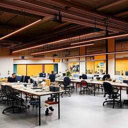 A bustling makerspace in a rectangular hall, filled with workstations, creativity enhancing tools, and comfortable seating zones designed for maximum productivity.