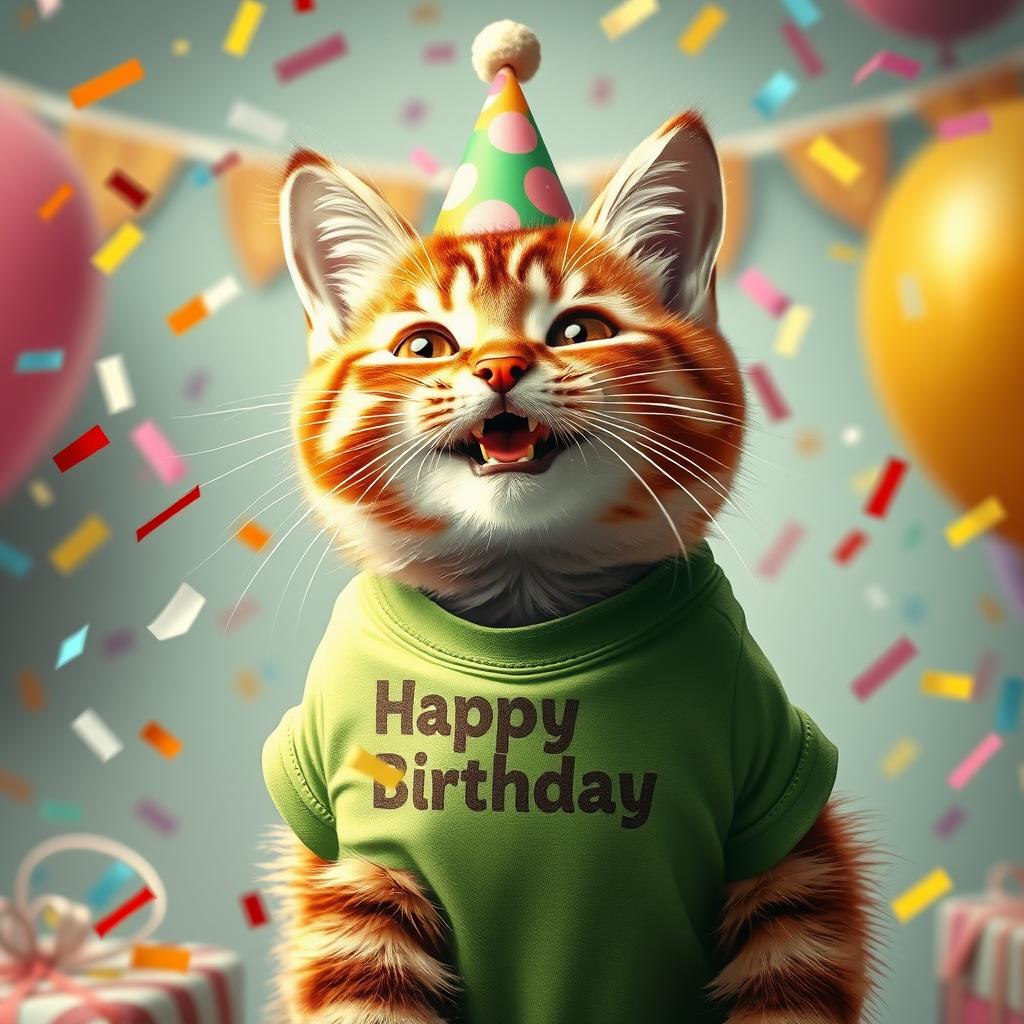 A photorealistic portrayal of a girl cat wearing a green T-shirt and a festive hat on her head, joyfully celebrating her birthday with vibrant confetti flying around