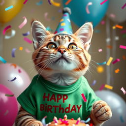 A photorealistic portrayal of a girl cat wearing a green T-shirt and a festive hat on her head, joyfully celebrating her birthday with vibrant confetti flying around