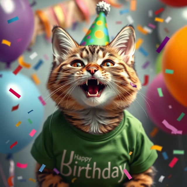 A photorealistic portrayal of a girl cat wearing a green T-shirt and a festive hat on her head, joyfully celebrating her birthday with vibrant confetti flying around