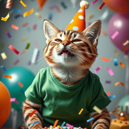 A photorealistic portrayal of a girl cat wearing a green T-shirt and a festive hat on her head, joyfully celebrating her birthday with vibrant confetti flying around