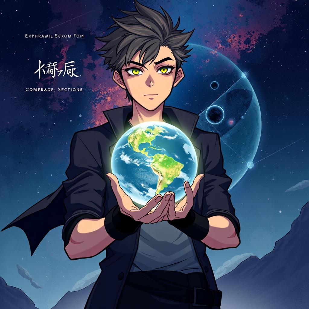 A young man with a mysterious and shadowy demeanor holding a glowing planet in his hands