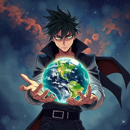 A young man with a mysterious and shadowy demeanor holding a glowing planet in his hands