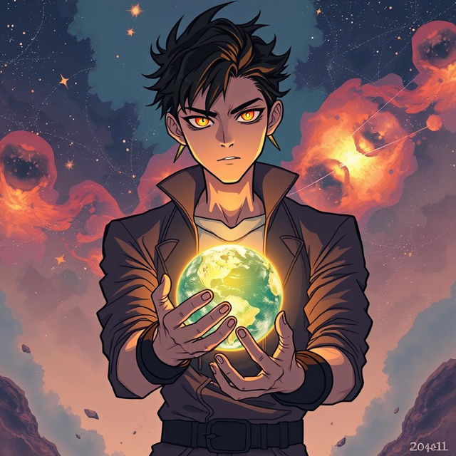 A young man with a mysterious and shadowy demeanor holding a glowing planet in his hands