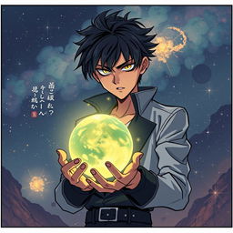 A young man with a mysterious and shadowy demeanor holding a glowing planet in his hands