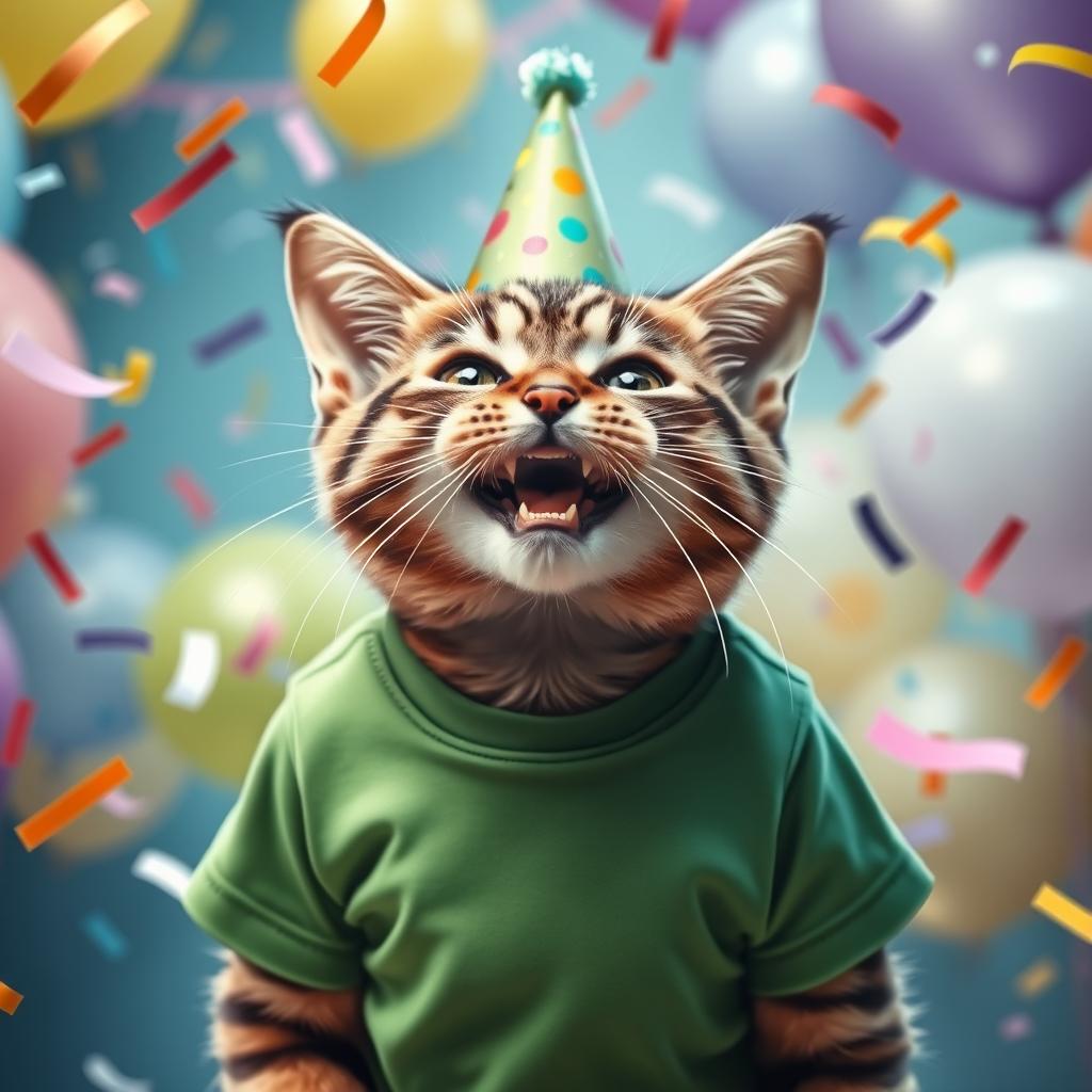 A photorealistic depiction of a girl cat wearing a green T-shirt and a festive birthday hat